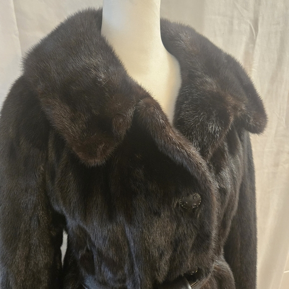 Vintage 1970s Mink Fur Belted Leather Coat Womens Small Medium - Picture 5 of 16